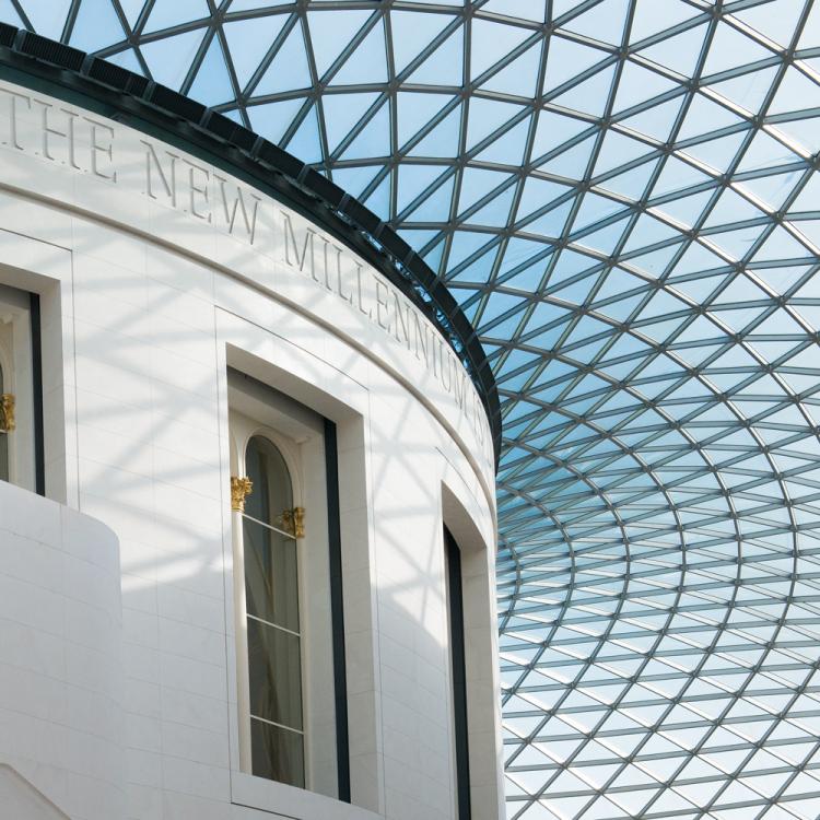 A wide shot of the Great Court with the roof and Reading Room in view