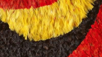 A close up of a section of a feathered Hawai'ian cloak showing yellow and black crescent shaped sections on a red background.