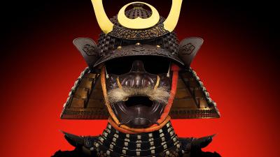 A samurai helmet with gold-coloured horns and a metal face mask with a moustache made of a fur-like material.