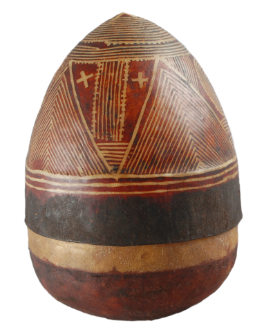 Egg-shaped skin container and lid, decorated with geometric patterns
